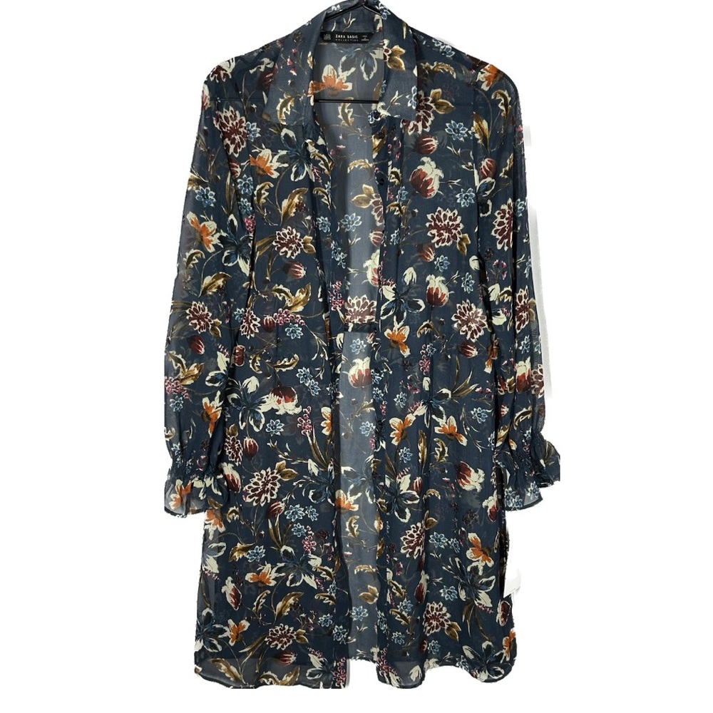 Zara Navy Blue Floral Sheer Long Cardigan